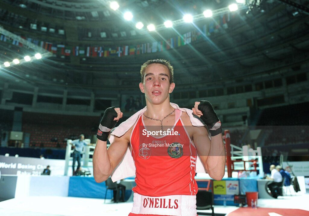 4 October 2011; Michael Conlan, St. John Bosco B.C., Belfast, Antrim, representing Ireland, following his 52kg bout victory over Nordine Oubaali, France. Conlan won the contest 20-17 and ensured progression to the Quarter-Finals and also qualification for the London 2012 Olympic Games. 2011 AIBA World Boxing Championships - Last 16, Michael Conlan v Nordine Oubaali. Heydar Aliyev Sports and Exhibition Complex, Baku, Azerbaijan. Picture credit: Stephen McCarthy / SPORTSFILE