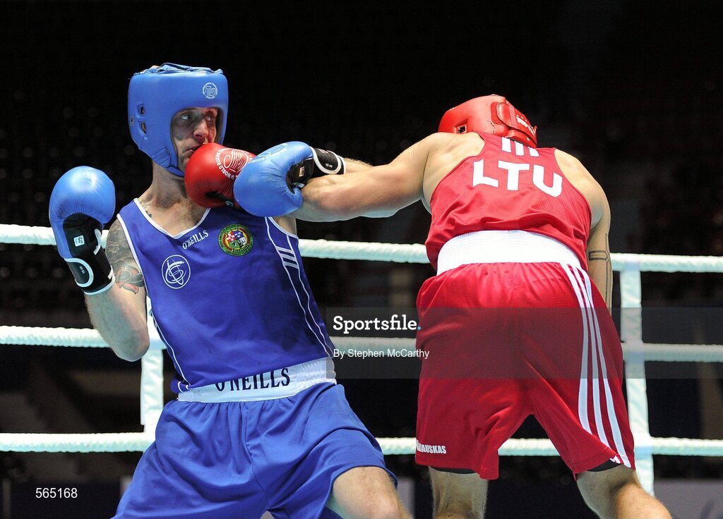 4 October 2011; Roy Sheehan, St Michael's Athy B.C., Kildare, representing Ireland, left, exchanges punches with Egidijus Kavaliauskas, Lithuania, during their 69kg bout. Roy Sheehan was defeated on a score of 11-7. 2011 AIBA World Boxing Championships - Last 16, Roy Sheehan v Egidijus Kavaliauskas. Heydar Aliyev Sports and Exhibition Complex, Baku, Azerbaijan. Picture credit: Stephen McCarthy / SPORTSFILE