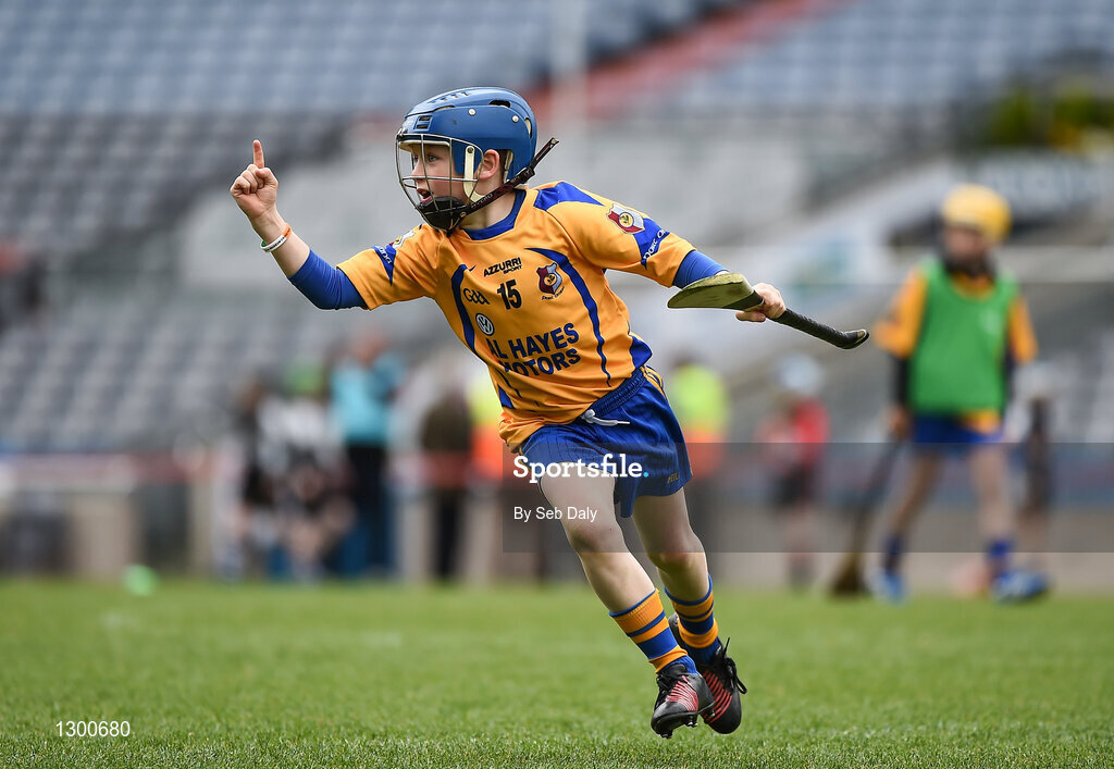 13 April 2017; Jody Canning, nephew of Galway senior hurler Joe Canning, representing Portumna GAA Club, Co. Galway, celebrates after scoring a point during the Go Games Provincial Days in partnership with Littlewoods Ireland Day 4 at Croke Park in Dublin. Photo by Seb Daly/Sportsfile