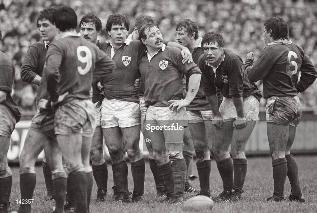 4 February 1984; Ireland players, from right, Willie Duncan (6), Donal Lenihan, Willie Duggan, Phil Orr, H. T. Harbison and Jim McCoy during the match. Five Nations Championship, Ireland v Wales, Lansdowne Road, Dublin. Picture credit; Ray McManus / SPORTSFILE