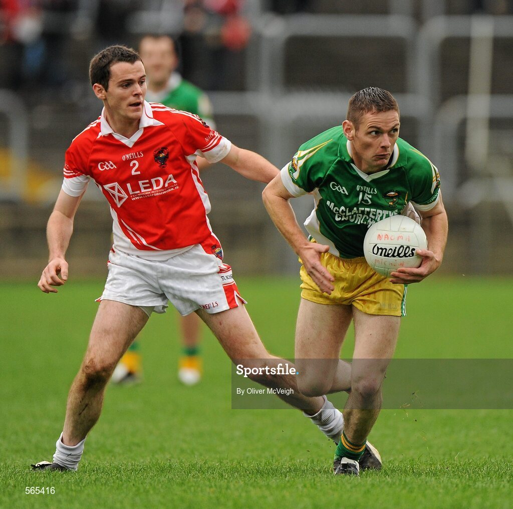 2 October 2011; Martin McGinley, Glenswilly, in action against Brendan Roddan, St. Michael's. Radio Na Gaeltachta Donegal County Senior Football Championship Final, Glenswilly v St. Michael's, MacCumhaill Park, Ballybofey, Co. Donegal. Picture credit: Oliver McVeigh / SPORTSFILE
