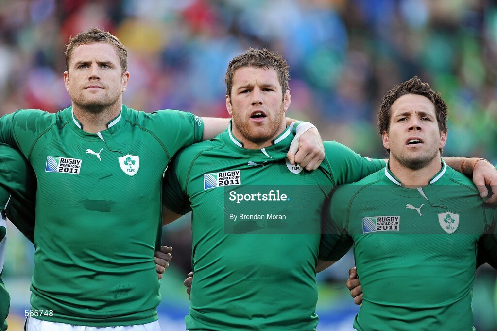 25 September 2011; Ireland players Jamie Heaslip, Sean O'Brien and Isaac Boss stand for the national anthems before the game. 2011 Rugby World Cup, Pool C, Ireland v Russia, Rotorua International Stadium, Rotorua, New Zealand. Picture credit: Brendan Moran / SPORTSFILE
