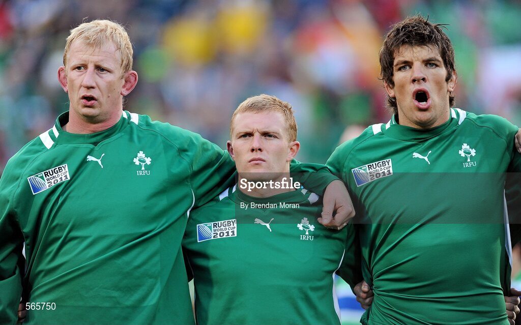 25 September 2011; Ireland locks Leo Cullen, left, and Donncha O'Callaghan stand with team-mate Keith Earls, centre, during the national anthems before the game. 2011 Rugby World Cup, Pool C, Ireland v Russia, Rotorua International Stadium, Rotorua, New Zealand. Picture credit: Brendan Moran / SPORTSFILE