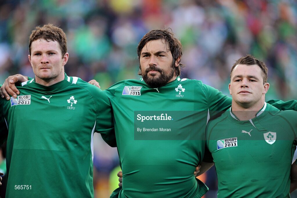 25 September 2011; Ireland players Donnacha Ryan, Tony Buckley and Cian Healy stand for the national anthems before the game. 2011 Rugby World Cup, Pool C, Ireland v Russia, Rotorua International Stadium, Rotorua, New Zealand. Picture credit: Brendan Moran / SPORTSFILE