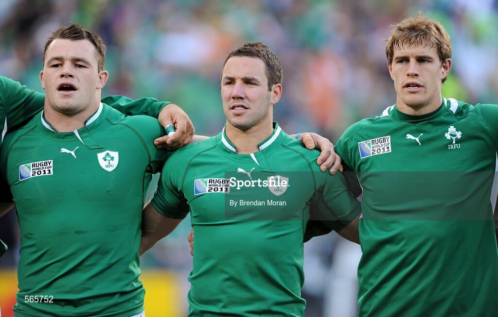 25 September 2011; Ireland players Cian Healy, Paddy Wallace and Andrew Trimble stand for the national anthems before the game. 2011 Rugby World Cup, Pool C, Ireland v Russia, Rotorua International Stadium, Rotorua, New Zealand. Picture credit: Brendan Moran / SPORTSFILE