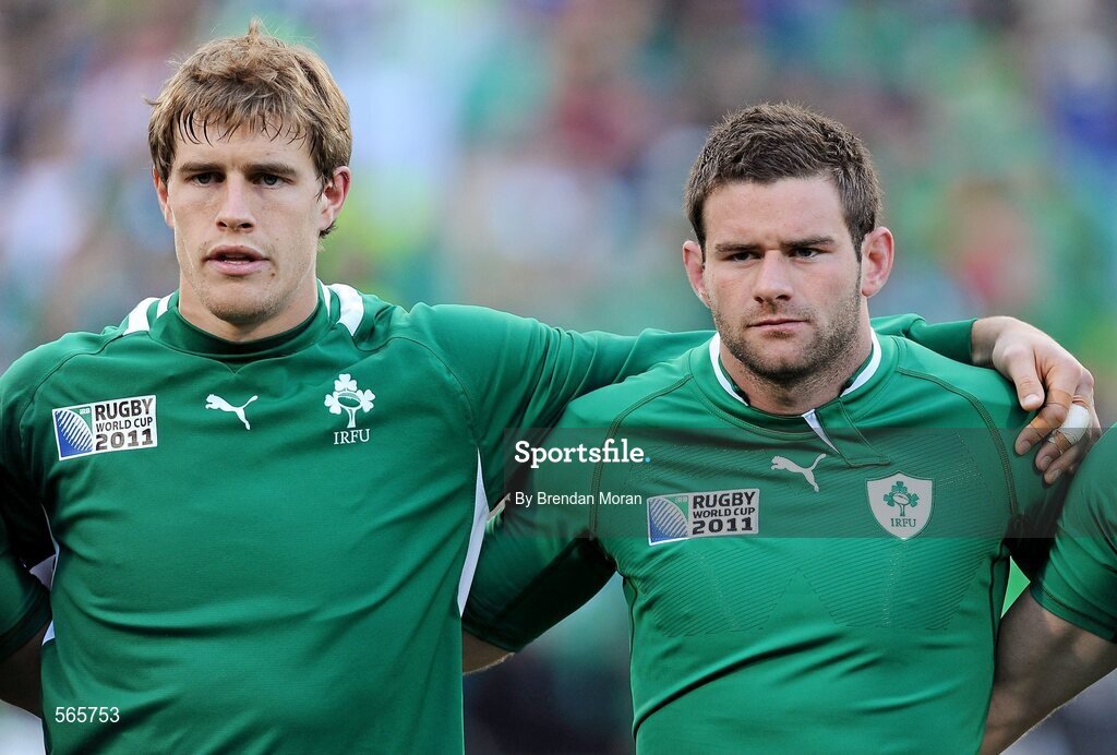 25 September 2011; Ireland players Andrew Trimble, left, and Fergus McFadden stand for the national anthems before the game. 2011 Rugby World Cup, Pool C, Ireland v Russia, Rotorua International Stadium, Rotorua, New Zealand. Picture credit: Brendan Moran / SPORTSFILE