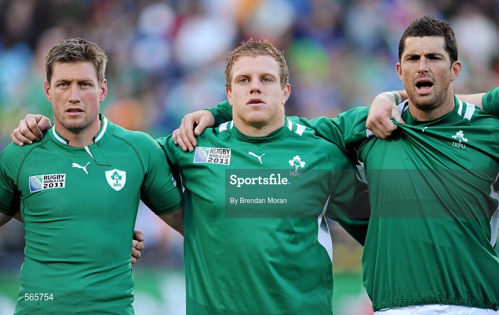 25 September 2011; Ireland players Ronan O'Gara, Sean Cronin and Rob Kearney stand for the national anthems before the game. 2011 Rugby World Cup, Pool C, Ireland v Russia, Rotorua International Stadium, Rotorua, New Zealand. Picture credit: Brendan Moran / SPORTSFILE
