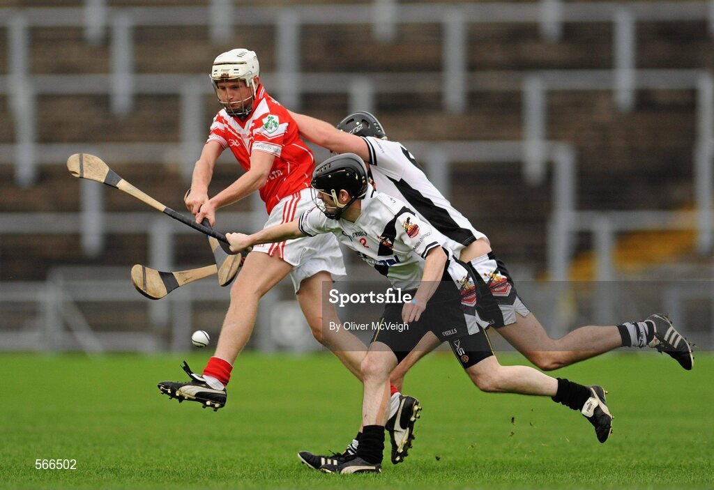 9 October 2011; James Campbell, Loughgiel Shamrocks, in action against Eoighin Farren and Conal McCloskey, Dungiven Kevin Lynchs. AIB GAA Hurling Ulster Senior Club Championship Semi-Final, Loughgiel v  Dungiven Kevin Lynchs, Casement Park, Belfast, Co. Antrim. Picture credit: Oliver McVeigh / SPORTSFILE