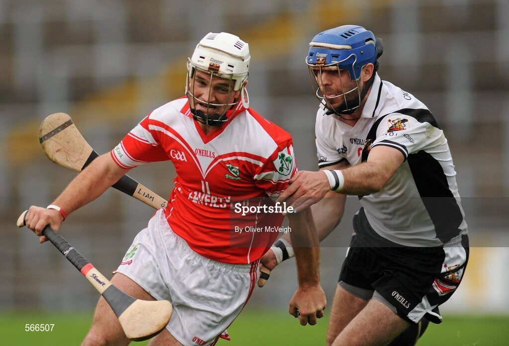 9 October 2011; Declan Laverty, Loughgiel Shamrocks, in action against Liam Og Hinphey, Dungiven Kevin Lynchs. AIB GAA Hurling Ulster Senior Club Championship Semi-Final, Loughgiel v  Dungiven Kevin Lynchs, Casement Park, Belfast, Co. Antrim. Picture credit: Oliver McVeigh / SPORTSFILE