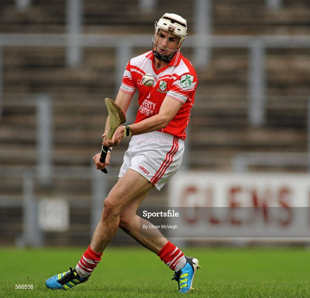 9 October 2011; Liam Watson, Loughgiel Shamrocks, scoring a goal from a free. AIB GAA Hurling Ulster Senior Club Championship Semi-Final, Loughgiel v  Dungiven Kevin Lynchs, Casement Park, Belfast, Co. Antrim. Picture credit: Oliver McVeigh / SPORTSFILE
