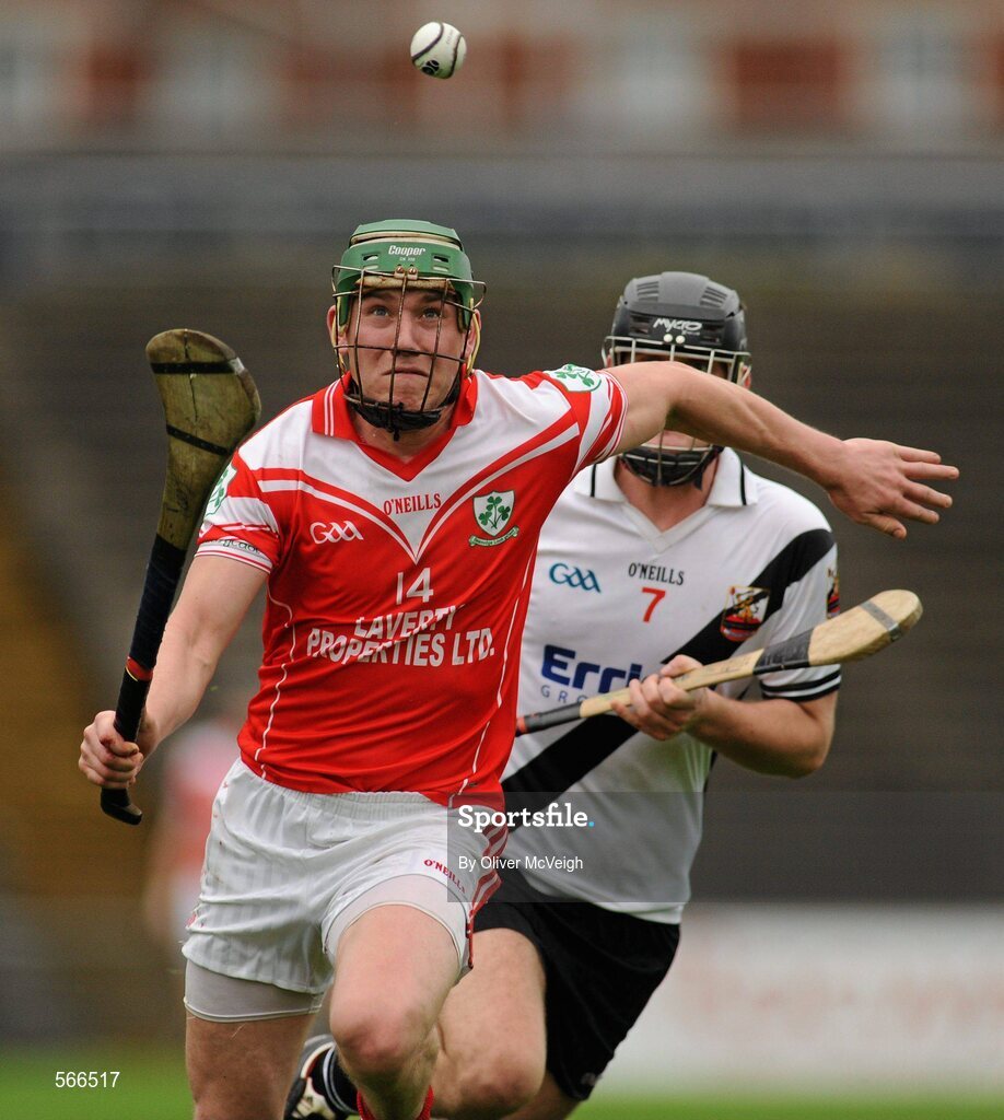 9 October 2011; Joseph Scullion, Loughgiel Shamrocks, in action against Conal McCloskey, Dungiven Kevin Lynchs. AIB GAA Hurling Ulster Senior Club Championship Semi-Final, Loughgiel v  Dungiven Kevin Lynchs, Casement Park, Belfast, Co. Antrim. Picture credit: Oliver McVeigh / SPORTSFILE