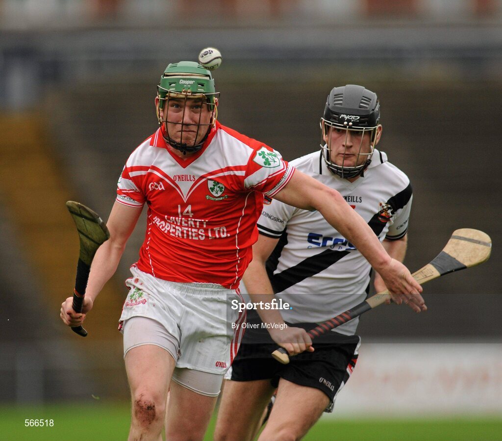 9 October 2011; Joseph Scullion, Loughgiel Shamrocks, in action against Conal McCloskey, Dungiven Kevin Lynchs. AIB GAA Hurling Ulster Senior Club Championship Semi-Final, Loughgiel v  Dungiven Kevin Lynchs, Casement Park, Belfast, Co. Antrim. Picture credit: Oliver McVeigh / SPORTSFILE