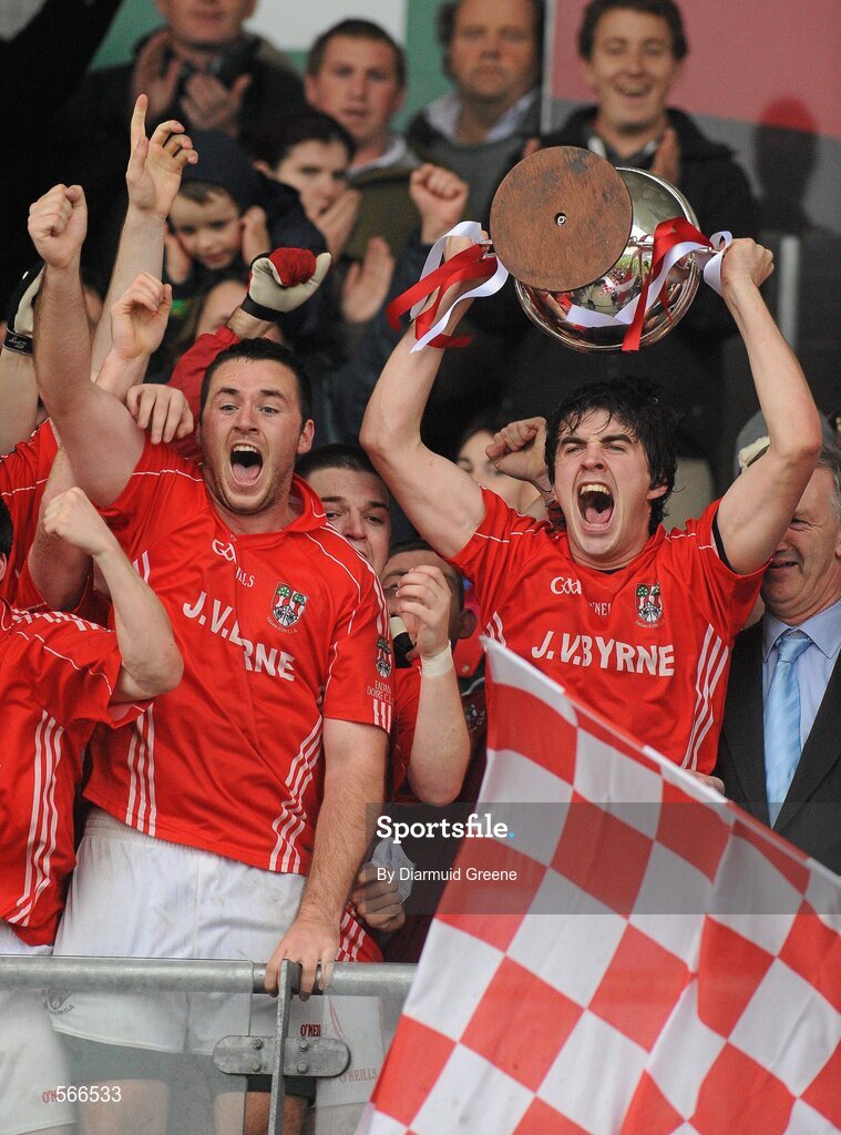 9 October 2011; Edenderry captain Richie Dalton lifts the cup after victory over Clara. Tullamore Court Hotel Senior Football Final, Clara v Edenderry, O'Connor Park, Tullamore, Co. Offaly. Picture credit: Diarmuid Greene / SPORTSFILE