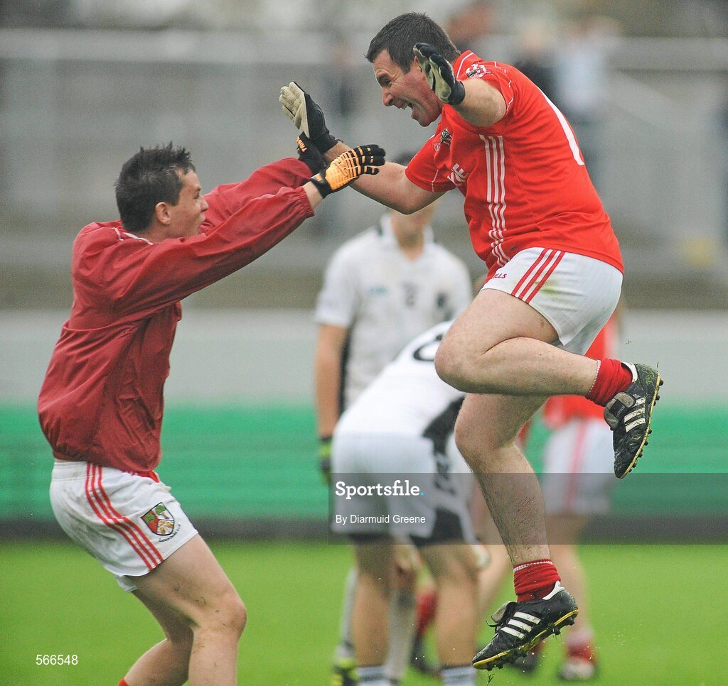 9 October 2011; Edenderry's Martin Keogh, right, celebrates with Aaron O'Connell, left, at the final whistle after victory over Clara. Tullamore Court Hotel Senior Football Final, Clara v Edenderry, O'Connor Park, Tullamore, Co. Offaly. Picture credit: Diarmuid Greene / SPORTSFILE