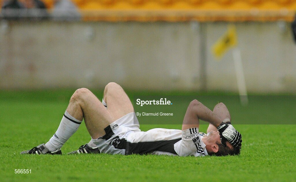 9 October 2011; Joe Quinn, Clara, shows his disappointment at the final whistle after defeat to Edenderry. Tullamore Court Hotel Senior Football Final, Clara v Edenderry, O'Connor Park, Tullamore, Co. Offaly. Picture credit: Diarmuid Greene / SPORTSFILE