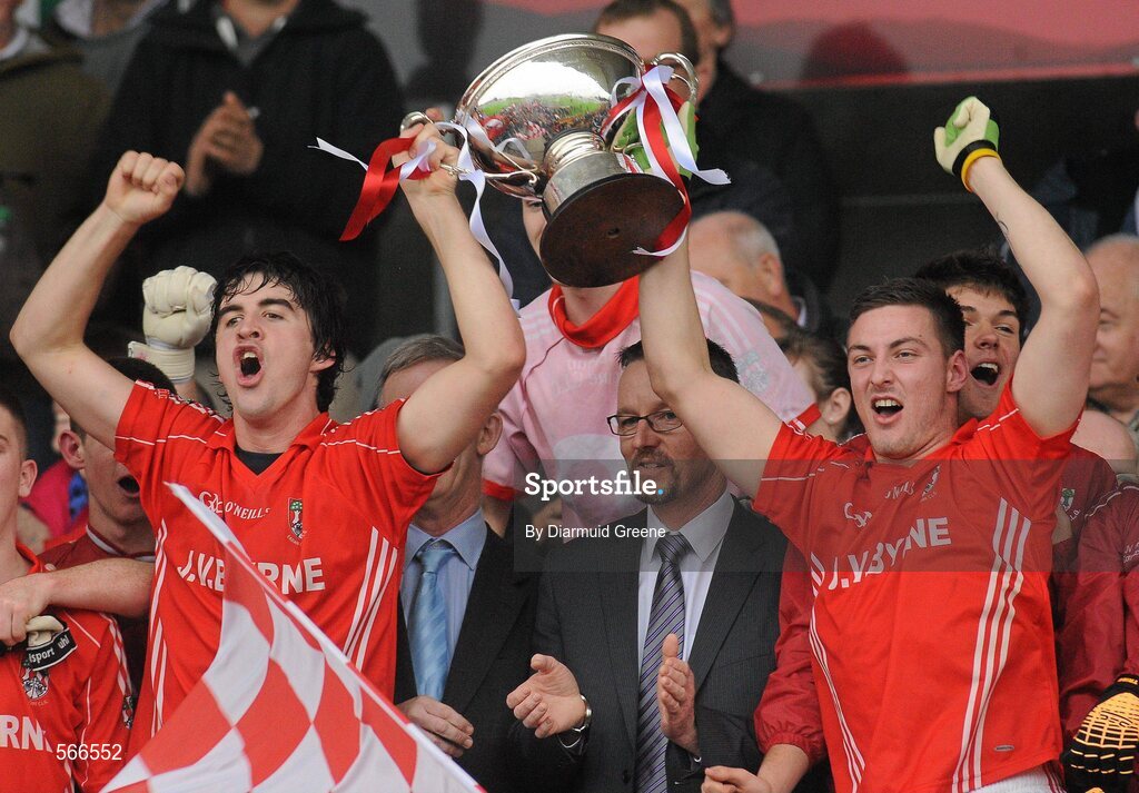 9 October 2011; Edenderry captain Richie Dalton, left, and Derek Kelly, right, lift the cup after victory over Clara. Tullamore Court Hotel Senior Football Final, Clara v Edenderry, O'Connor Park, Tullamore, Co. Offaly. Picture credit: Diarmuid Greene / SPORTSFILE