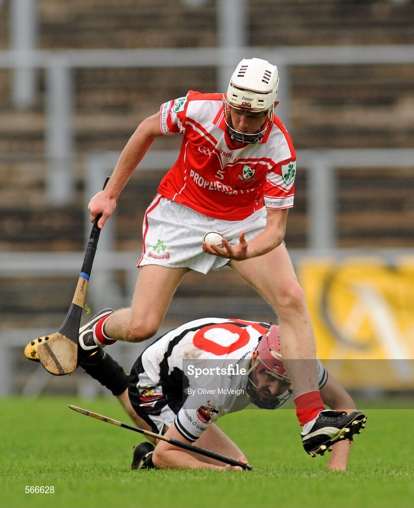 9 October 2011; James Campbell, Loughgiel Shamrocks, in action against Kevin Hinphey, Dungiven Kevin Lynchs. AIB GAA Hurling Ulster Senior Club Championship Semi-Final, Loughgiel Shamrocks v Dungiven Kevin Lynchs, Casement Park, Belfast, Co. Antrim. Picture credit: Oliver McVeigh / SPORTSFILE