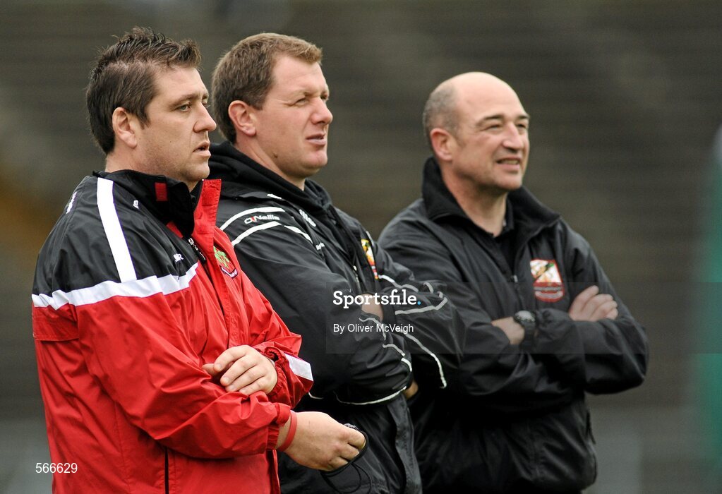 9 October 2011; Loughgiel Shamrocks manager PJ Mullan, left, along with Dungiven Kevin Lynchs manager David McCloskey and his assistant manager Eoin Mullan, right, on the sideline. AIB GAA Hurling Ulster Senior Club Championship Semi-Final, Loughgiel Shamrocks v  Dungiven Kevin Lynchs, Casement Park, Belfast, Co. Antrim. Picture credit: Oliver McVeigh / SPORTSFILE