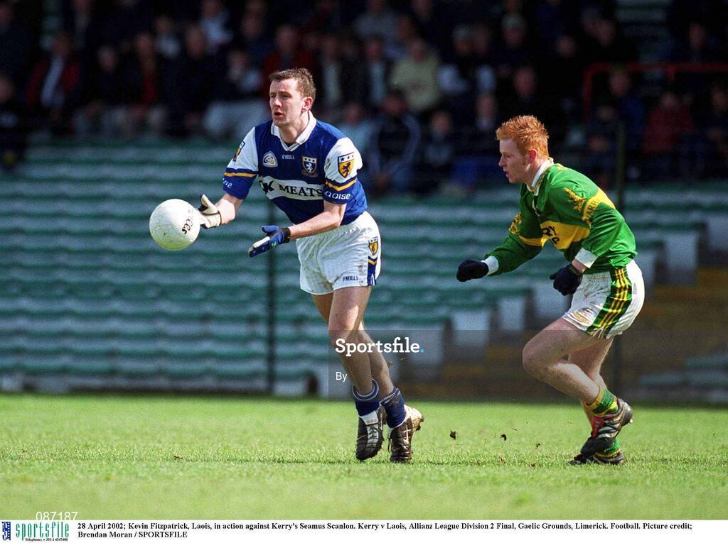 28 April 2002; Kevin Fitzpatrick, Laois, in action against Kerry's Seamus Scanlon. Kerry v Laois, Allianz League Division 2 Final, Gaelic Grounds, Limerick. Football. Picture credit; Brendan Moran / SPORTSFILE