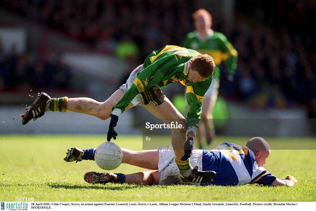 28 April 2002; Colm Cooper, Kerry, in action against Pauraic Leonard, Laois. Kerry v Laois, Allianz League Division 2 Final, Gaelic Grounds, Limerick. Football. Picture credit; Brendan Moran / SPORTSFILE
