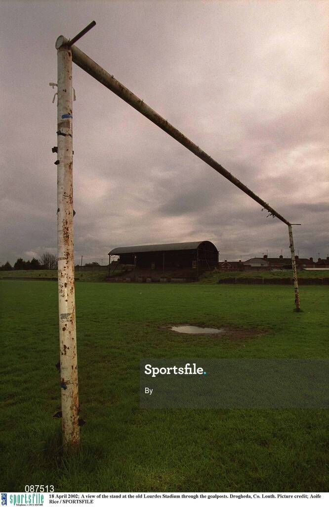 18 April 2002; A view of the stand at the old Lourdes Stadium through the goalposts. Drogheda, Co. Louth. Picture credit; Aoife Rice / SPORTSFILE