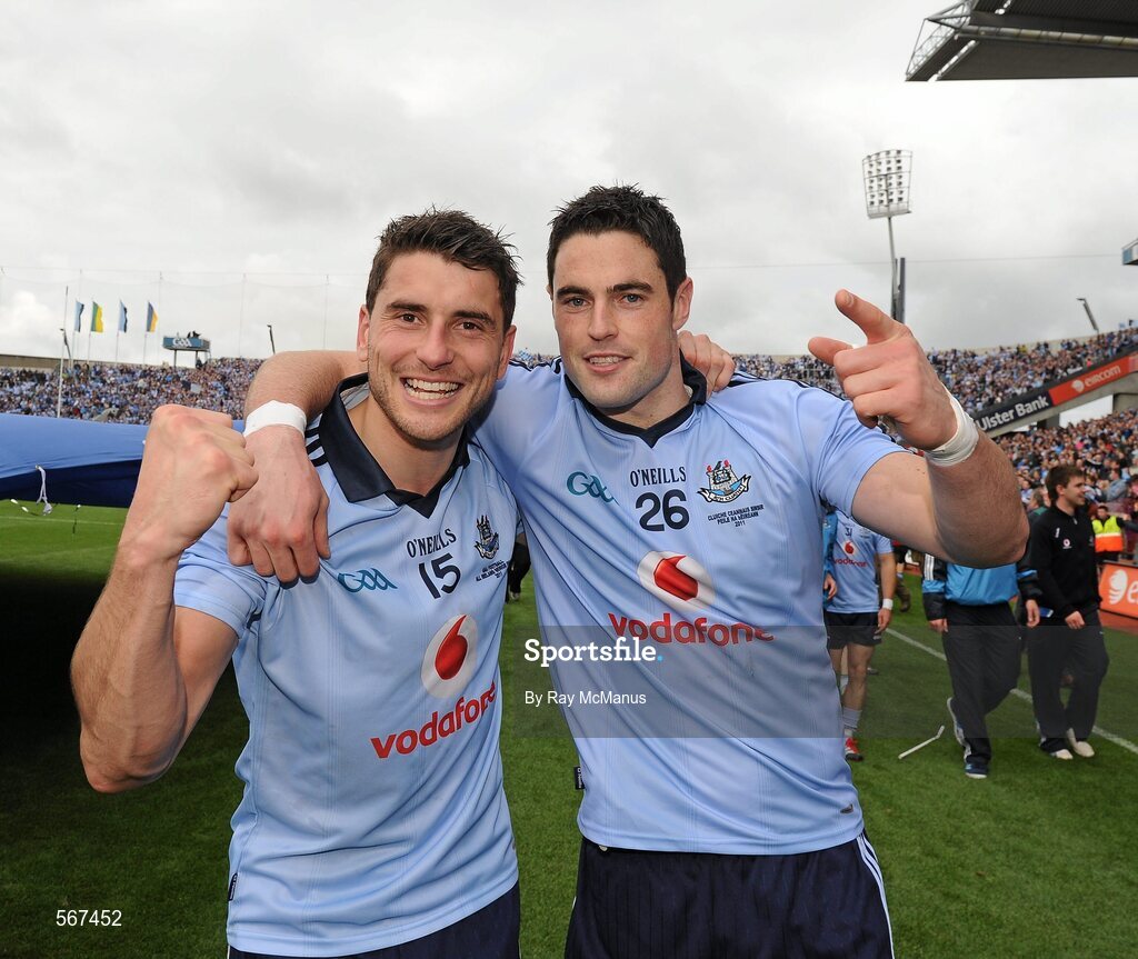 18 September 2011; Dublin's Bernard Brogan and Ross McConnell, right, celebrate after the game. GAA Football All-Ireland Senior Championship Final, Kerry v Dublin, Croke Park, Dublin. Picture credit: Ray McManus / SPORTSFILE
