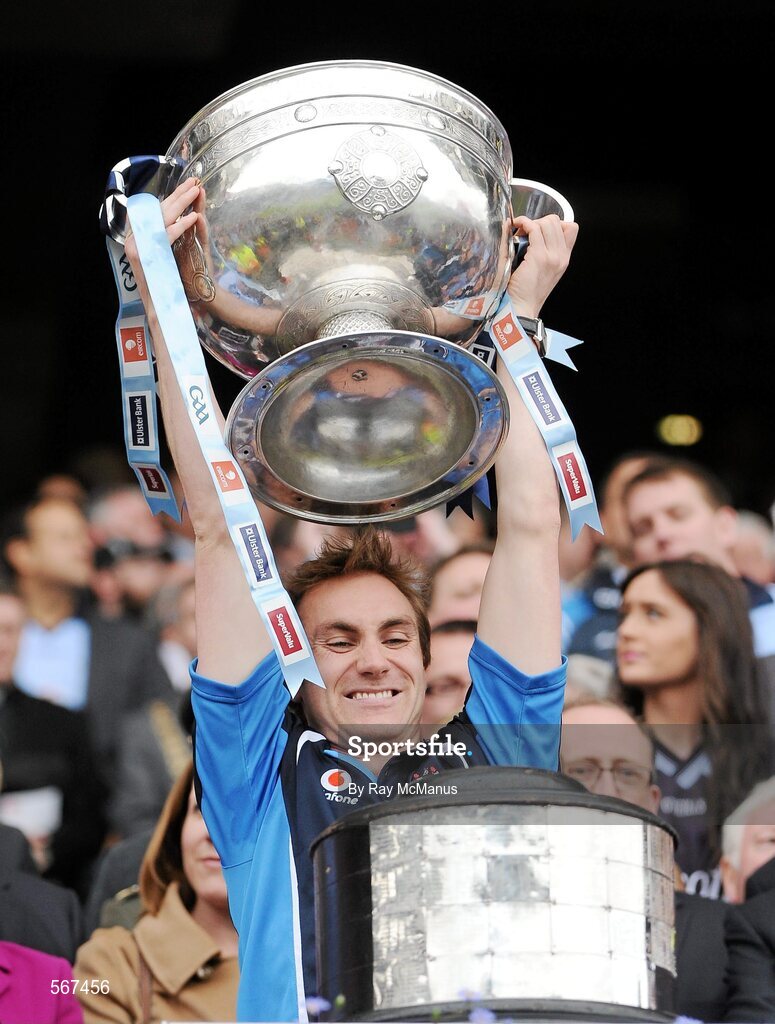 18 September 2011; Paul Griffin, Dublin, lifts the Sam Maguire Cup. GAA Football All-Ireland Senior Championship Final, Kerry v Dublin, Croke Park, Dublin. Picture credit: Ray McManus / SPORTSFILE