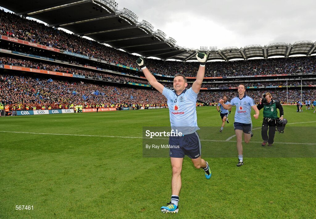 18 September 2011; Dublin's Alan Brogan and Barry Cahill, right, celebrate after the final whistle. GAA Football All-Ireland Senior Championship Final, Kerry v Dublin, Croke Park, Dublin. Picture credit: Ray McManus / SPORTSFILE