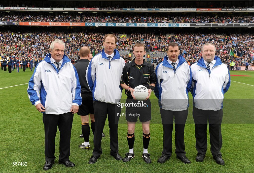 18 September 2011; Referee Joe McQuillan with his umpires before the game. GAA Football All-Ireland Senior Championship Final, Kerry v Dublin, Croke Park, Dublin. Picture credit: Pat Murphy / SPORTSFILE