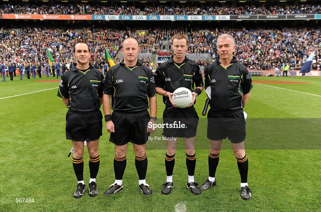 18 September 2011; Referee Joe McQuillan, second from right, with his officials, from left, David Goldrick, linesman, Maurice Condon, sideline official, and Pat McEnaney, linesman, before the game. GAA Football All-Ireland Senior Championship Final, Kerry v Dublin, Croke Park, Dublin. Picture credit: Pat Murphy / SPORTSFILE