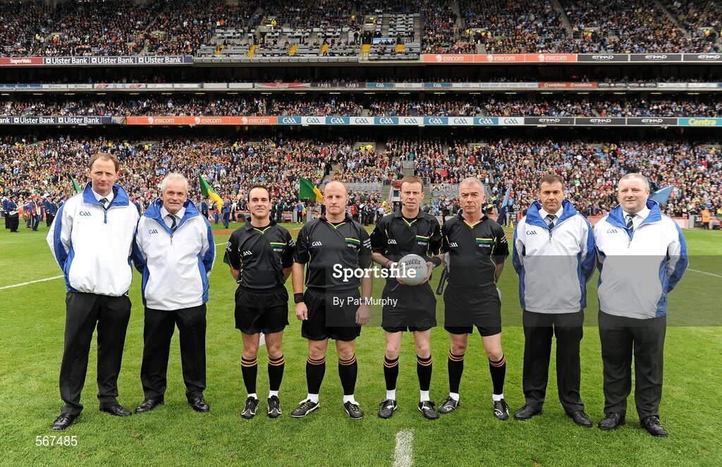 18 September 2011; Referee Joe McQuillan with his officials and umpires before the game. GAA Football All-Ireland Senior Championship Final, Kerry v Dublin, Croke Park, Dublin. Picture credit: Pat Murphy / SPORTSFILE