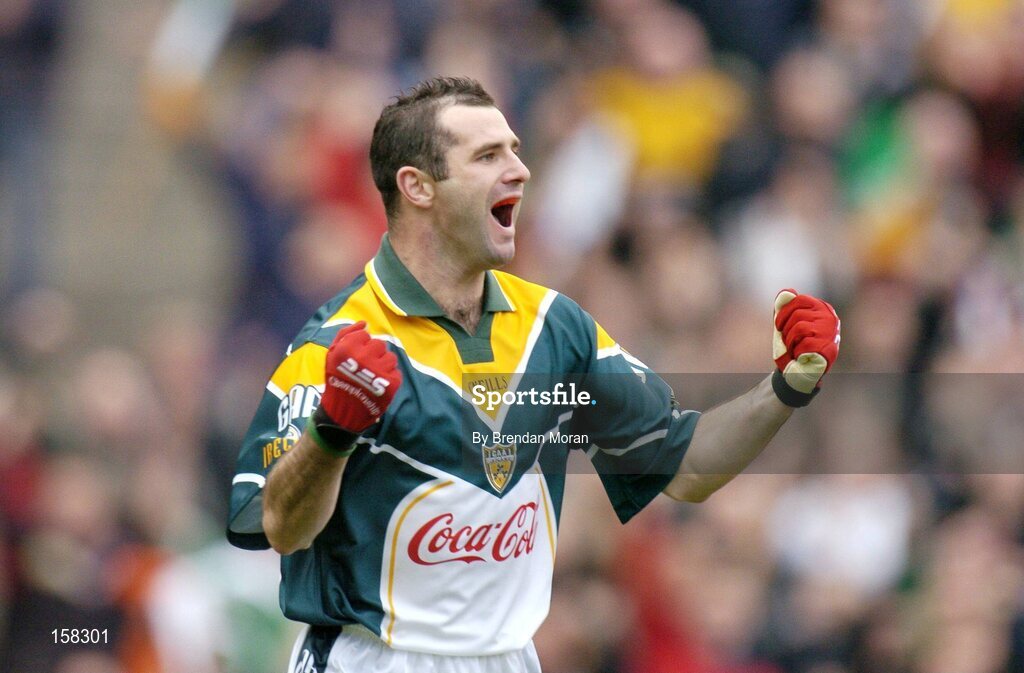 17 October 2004; Steven McDonnell, Ireland, celebrates scoring his sides first goal against Australia. Coca Cola International Rules Series 2004, First Test, Ireland v Australia, Croke Park, Dublin. Picture credit; Brendan Moran / SPORTSFILE *** Local Caption *** Any photograph taken by SPORTSFILE during, or in connection with, the 2004 Coca Cola International Rules Series which displays GAA logos or contains an image or part of an image of any GAA intellectual property, or, which contains images of a GAA player/players in their playing uniforms, may only be used for editorial and non-advertising purposes.  Use of photographs for advertising, as posters or for purchase separately is strictly prohibited unless prior written approval has been obtained from the Gaelic Athletic Association.