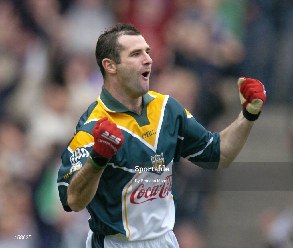 17 October 2004; Steven McDonnell, Ireland, celebrates scoring his sides first goal against Australia. Coca Cola International Rules Series 2004, First Test, Ireland v Australia, Croke Park, Dublin. Picture credit; Brendan Moran / SPORTSFILE *** Local Caption *** Any photograph taken by SPORTSFILE during, or in connection with, the 2004 Coca Cola International Rules Series which displays GAA logos or contains an image or part of an image of any GAA intellectual property, or, which contains images of a GAA player/players in their playing uniforms, may only be used for editorial and non-advertising purposes.  Use of photographs for advertising, as posters or for purchase separately is strictly prohibited unless prior written approval has been obtained from the Gaelic Athletic Association.
