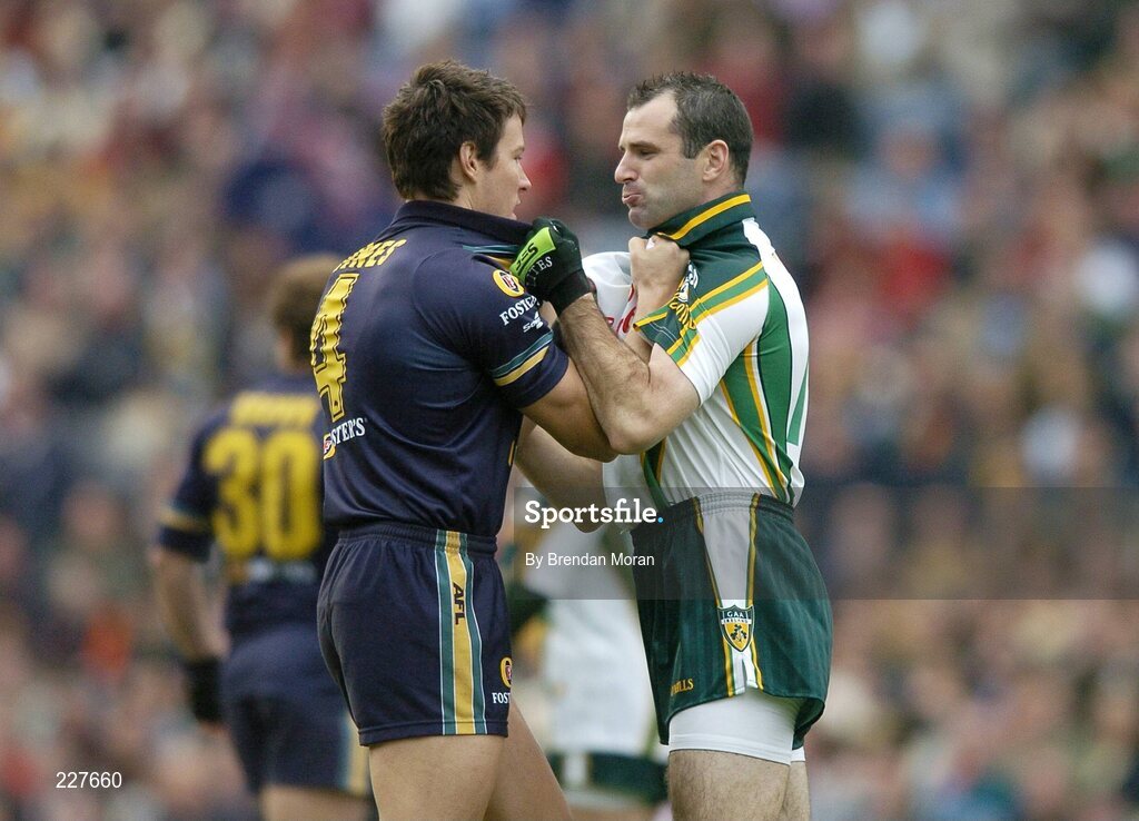 5 November 2006; Steven McDonnell, Ireland, and Andrew Raines, Australia, before the throw-in to start the game. Coca-Cola International Rules Series 2006, Second Test, Ireland v Australia, Croke Park, Dublin. Picture credit: Brendan Moran / SPORTSFILE