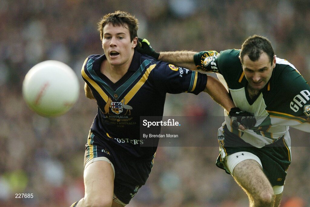 5 November 2006; Lindsay Gilbee, Australia, in action against Steven McDonnell, Ireland. Coca-Cola International Rules Series 2006, Second Test, Ireland v Australia, Croke Park, Dublin. Picture credit: Brendan Moran / SPORTSFILE