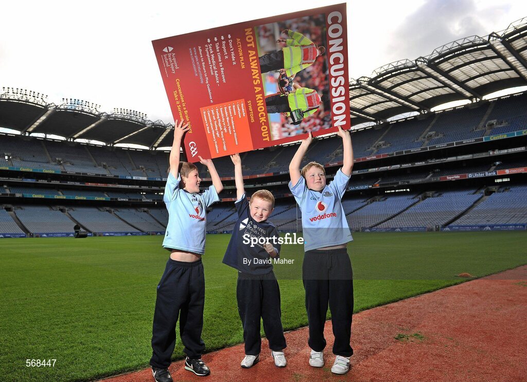 19 October 2011; The GAA has teamed up with brain injury specialists Acquired Brain Injury Ireland to back their Mind Your Head campaign; educating players about the signs and symptoms of Concussion, through an Educational Concussion Poster Campaign. This poster campaign will be distributed to over 1800 GAA clubs throughout the country, reaching out to all players of every age and level. Present at the launch were children, left to right, Mark Bailey, age 8, from Killiney, Co. Dublin, James O'Connell, age 5, with his brother Sean, age 9, from Stepaside, Co. Dublin. GAA and ABI Ireland Launch Concussion Awareness Campaign, Croke Park, Dublin. Picture credit: David Maher / SPORTSFILE
