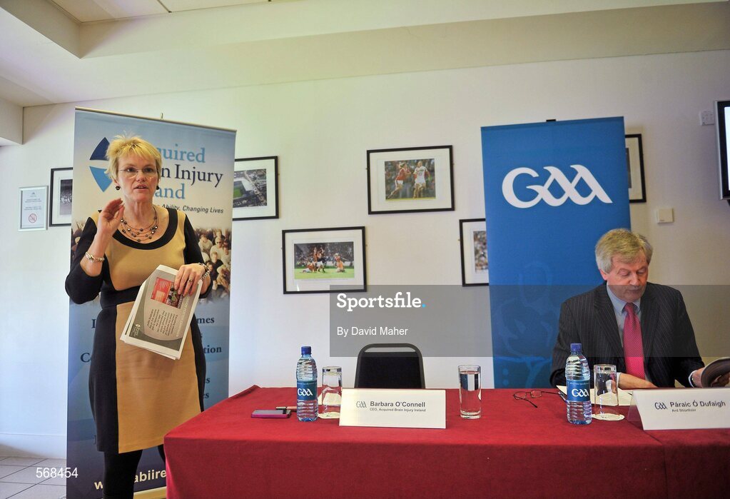 19 October 2011; The GAA has teamed up with brain injury specialists Acquired Brain Injury Ireland to back their Mind Your Head campaign; educating players about the signs and symptoms of Concussion, through an Educational Concussion Poster Campaign. This poster campaign will be distributed to over 1800 GAA clubs throughout the country, reaching out to all players of every age and level. Present at the launch are the GAA Director General Páraic Duffy and ABI Ireland CEO Barbara O’ Connell. GAA and ABI Ireland Launch Concussion Awareness Campaign, Croke Park, Dublin. Picture credit: David Maher / SPORTSFILE