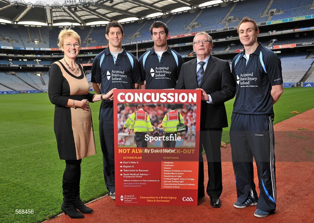 19 October 2011; The GAA has teamed up with brain injury specialists Acquired Brain Injury Ireland to back their Mind Your Head campaign; educating players about the signs and symptoms of Concussion, through an Educational Concussion Poster Campaign. This poster campaign will be distributed to over 1800 GAA clubs throughout the country, reaching out to all players of every age and level. Present at the launch are ABI Ireland CEO Barbara O’ Connell, with, from left to right, Dublin football players and ABI Ireland Ambassadors Michael Darragh Macauley, Rory O’Carroll, Dr. Danny Mulvihill, Chairman of the GAA Medical Committee, and Dublin footballer Paul Griffin. GAA and ABI Ireland Launch Concussion Awareness Campaign, Croke Park, Dublin. Picture credit: David Maher / SPORTSFILE