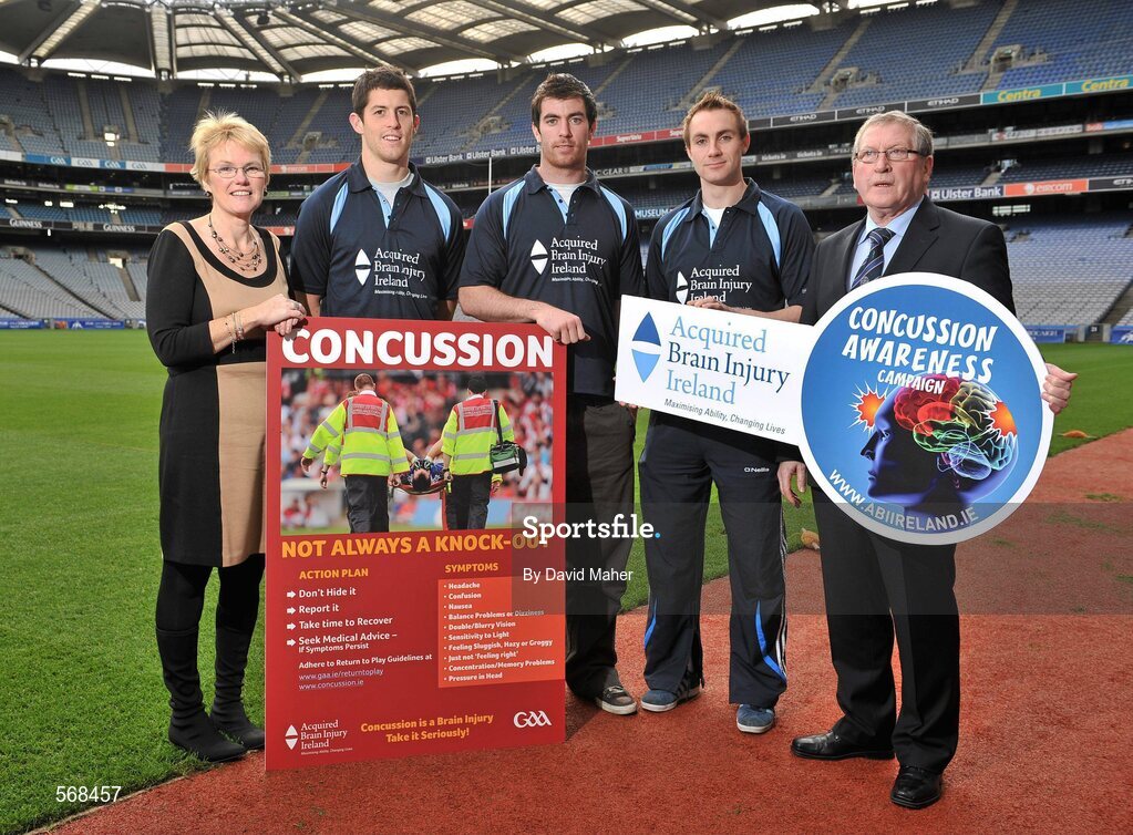 19 October 2011; The GAA has teamed up with brain injury specialists Acquired Brain Injury Ireland to back their Mind Your Head campaign; educating players about the signs and symptoms of Concussion, through an Educational Concussion Poster Campaign. This poster campaign will be distributed to over 1800 GAA clubs throughout the country, reaching out to all players of every age and level. Present at the launch are ABI Ireland CEO Barbara O’ Connell, with, from left to right, Dublin football players and ABI Ireland Ambassadors Michael Darragh Macauley, Rory O’Carroll, Dr. Danny Mulvihill, Chairman of the GAA Medical Committee, and Dublin footballer Paul Griffin. GAA and ABI Ireland Launch Concussion Awareness Campaign, Croke Park, Dublin. Picture credit: David Maher / SPORTSFILE