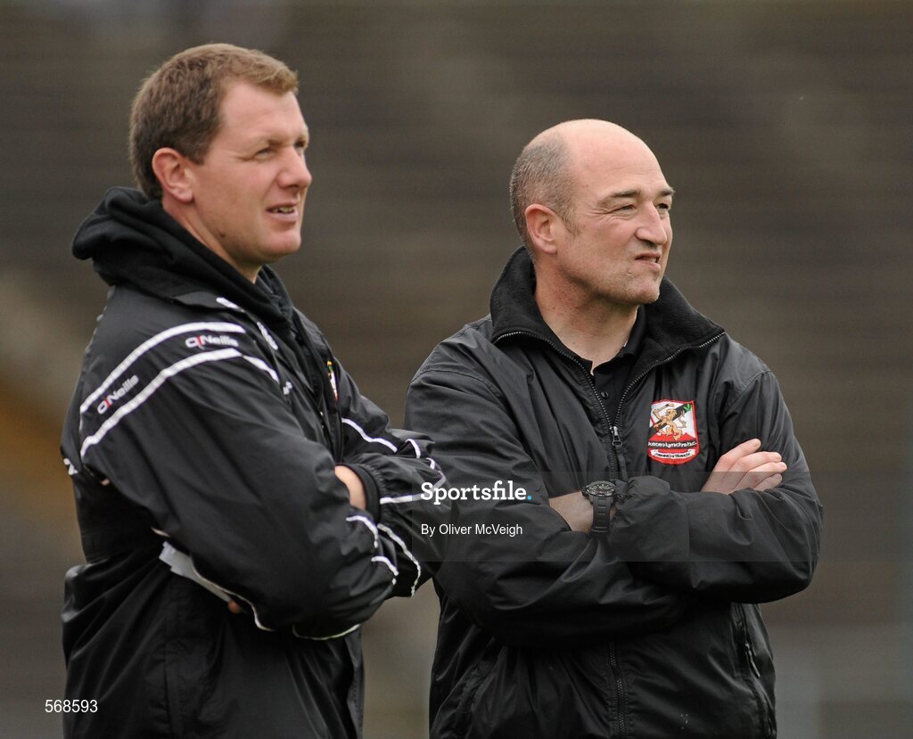9 October 2011; Dungiven Kevin Lynchs manager David McCloskey, left, with his assistant Eoin Mullan. AIB GAA Hurling Ulster Senior Club Championship Semi-Final, Loughgiel v  Dungiven Kevin Lynchs, Casement Park, Belfast, Co. Antrim. Picture credit: Oliver McVeigh / SPORTSFILE