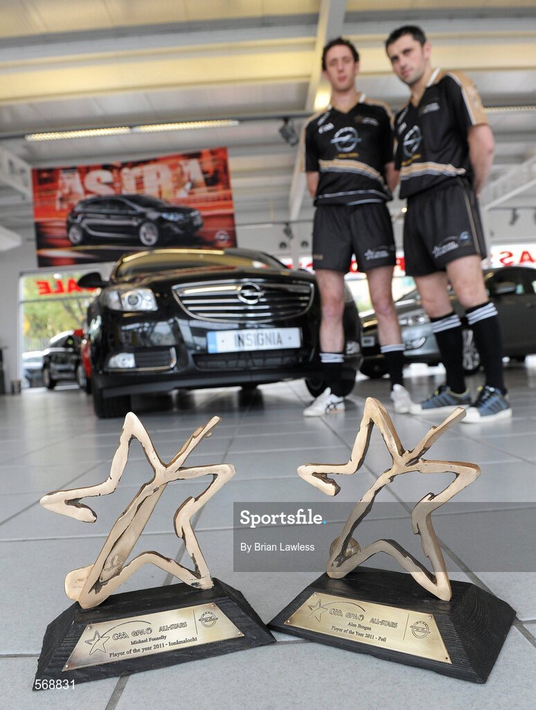 21 October 2011; Kilkenny hurler Michael Fennelly, left, and Dublin footballer Alan Brogan with their Player of the Year Awards which were announced at the GAA GPA All-Star Awards 2011 sponsored by Opel. Opel Garage, Navan Road, Dublin. Picture credit: Brian Lawless / SPORTSFILE