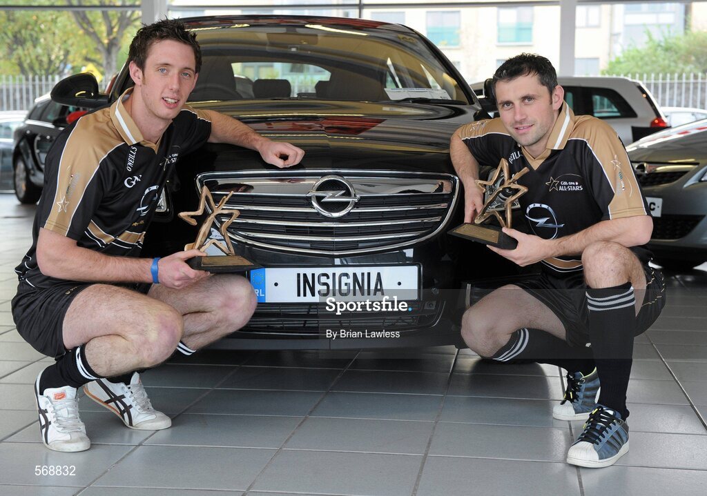 21 October 2011; Kilkenny hurler Michael Fennelly, left, and Dublin footballer Alan Brogan with their Player of the Year Awards which were announced at the GAA GPA All-Star Awards 2011 sponsored by Opel. Opel Garage, Navan Road, Dublin. Picture credit: Brian Lawless / SPORTSFILE