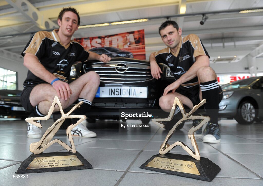 21 October 2011; Kilkenny hurler Michael Fennelly, left, and Dublin footballer Alan Brogan with their Player of the Year Awards which were announced at the GAA GPA All-Star Awards 2011 sponsored by Opel. Opel Garage, Navan Road, Dublin. Picture credit: Brian Lawless / SPORTSFILE