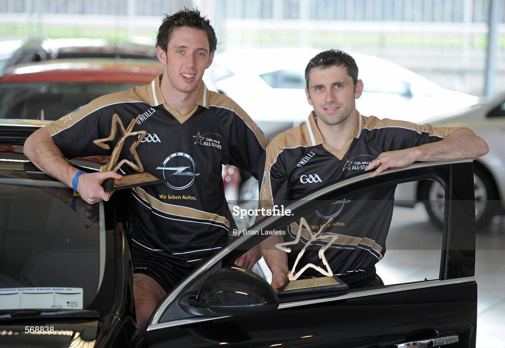 21 October 2011; Kilkenny hurler Michael Fennelly, left, and Dublin footballer Alan Brogan with their Player of the Year Awards which were announced at the GAA GPA All-Star Awards 2011 sponsored by Opel. Opel Garage, Navan Road, Dublin. Picture credit: Brian Lawless / SPORTSFILE