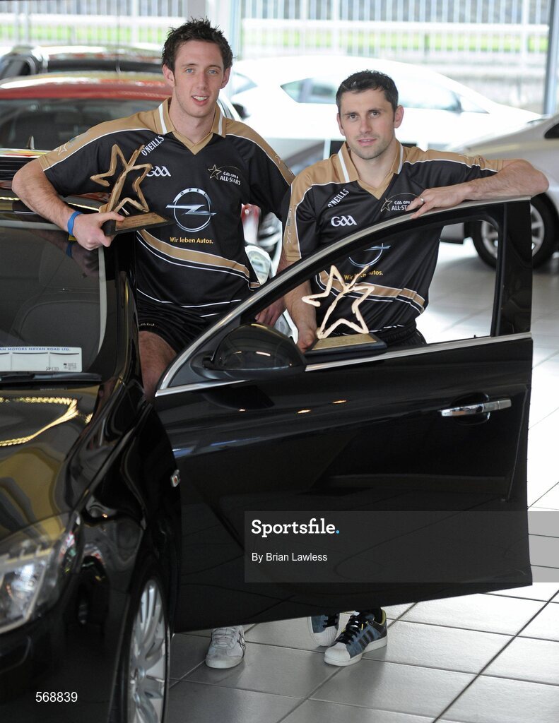 21 October 2011; Kilkenny hurler Michael Fennelly, left, and Dublin footballer Alan Brogan with their Player of the Year Awards which were announced at the GAA GPA All-Star Awards 2011 sponsored by Opel. Opel Garage, Navan Road, Dublin. Picture credit: Brian Lawless / SPORTSFILE