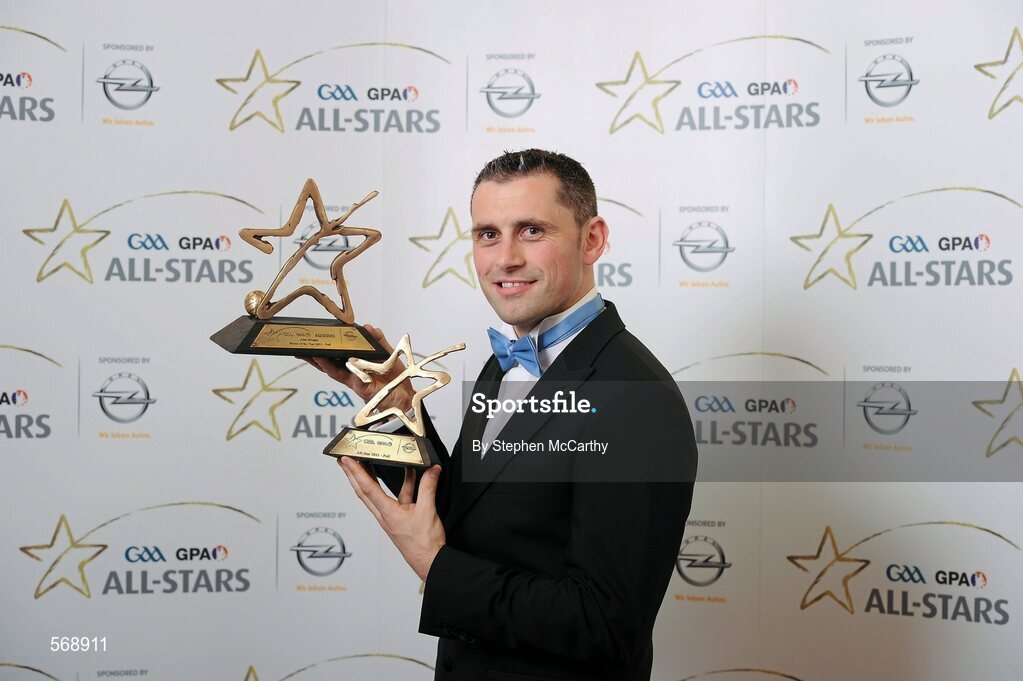 21 October 2011; GAA GPA All-Star Footballer of the Year Alan Brogan, Dublin, with both of his awards at the GAA GPA All-Star Awards 2011 sponsored by Opel. National Convention Centre, Dublin. Picture credit: Stephen McCarthy / SPORTSFILE