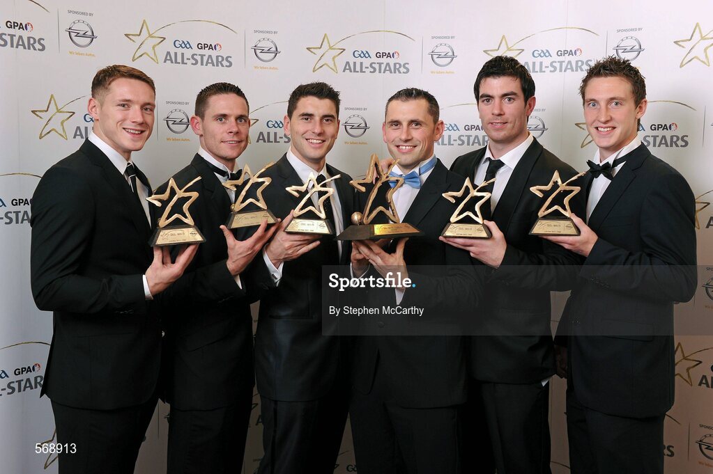 21 October 2011; Dublin footballers with their awards, from left, Paul Flynn, Stephen Cluxton, Bernard Brogan, GAA GPA All-Star Footballer of the Year Alan Brogan, Michael Darragh MacAuley and Kevin Nolan at the GAA GPA All-Star Awards 2011 sponsored by Opel. National Convention Centre, Dublin. Picture credit: Stephen McCarthy / SPORTSFILE