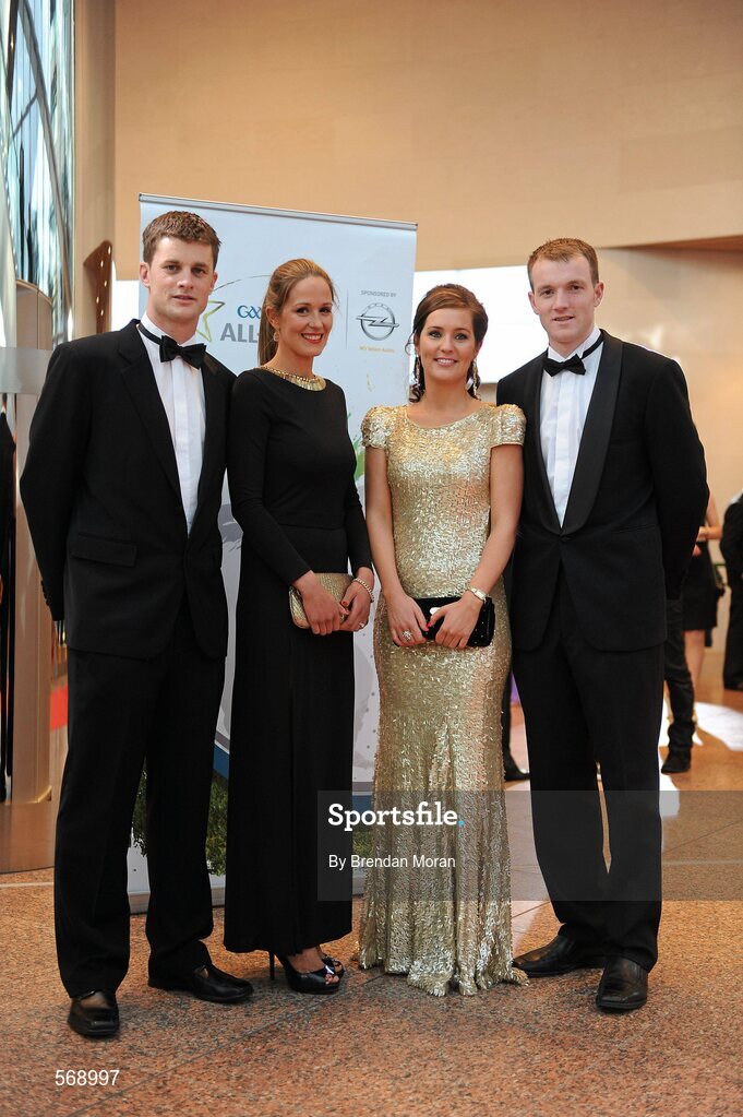 21 October 2011; Tipperary hurlers Paul Curran with Tracy Lonergan and Lar Corbett with Elaine Gleeson in attendance at the GAA GPA All-Star Awards 2011 sponsored by Opel. National Convention Centre, Dublin. Picture credit: Brendan Moran / SPORTSFILE