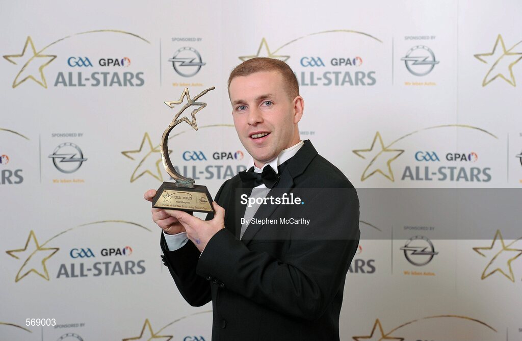 21 October 2011; Donegal hurler Niall Campbell with his GAA GPA All-Star Lory Meagher Cup Player of the Year award at the GAA GPA All-Star Awards 2011 sponsored by Opel. National Convention Centre, Dublin. Picture credit: Stephen McCarthy / SPORTSFILE