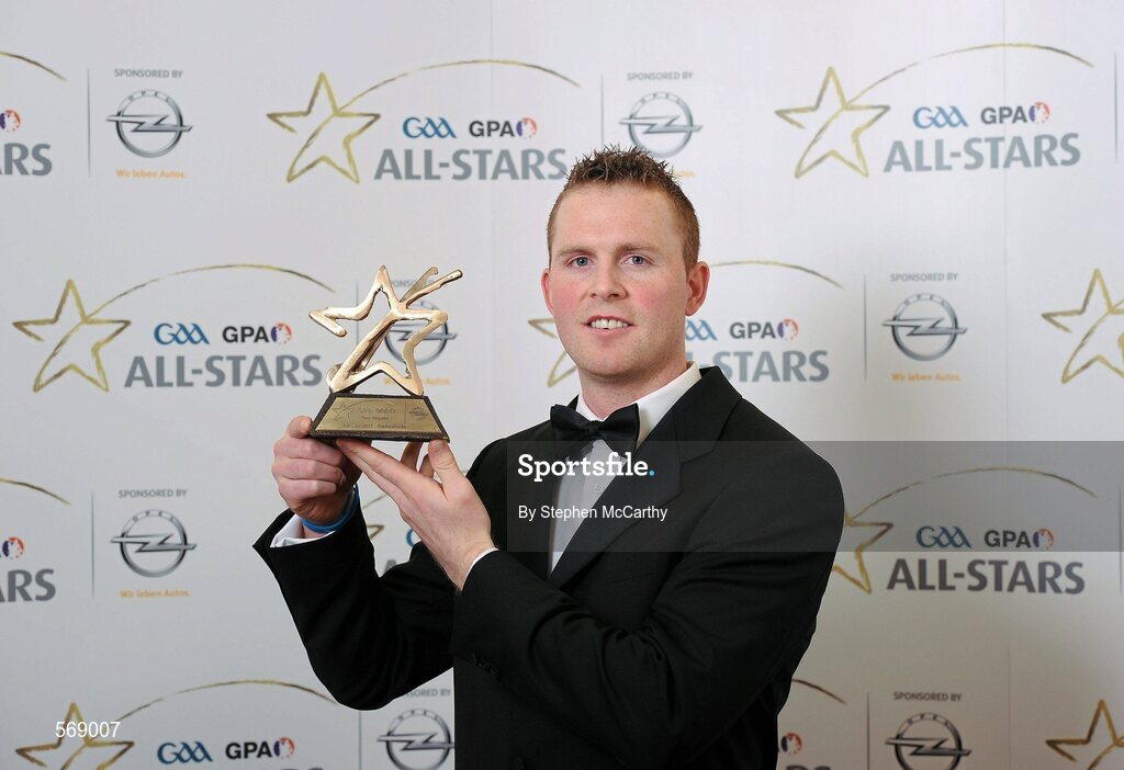 21 October 2011; Gary Maguire, Dublin, with his GAA GPA All-Star Hurling award at the GAA GPA All-Star Awards 2011 sponsored by Opel. National Convention Centre, Dublin. Picture credit: Stephen McCarthy / SPORTSFILE